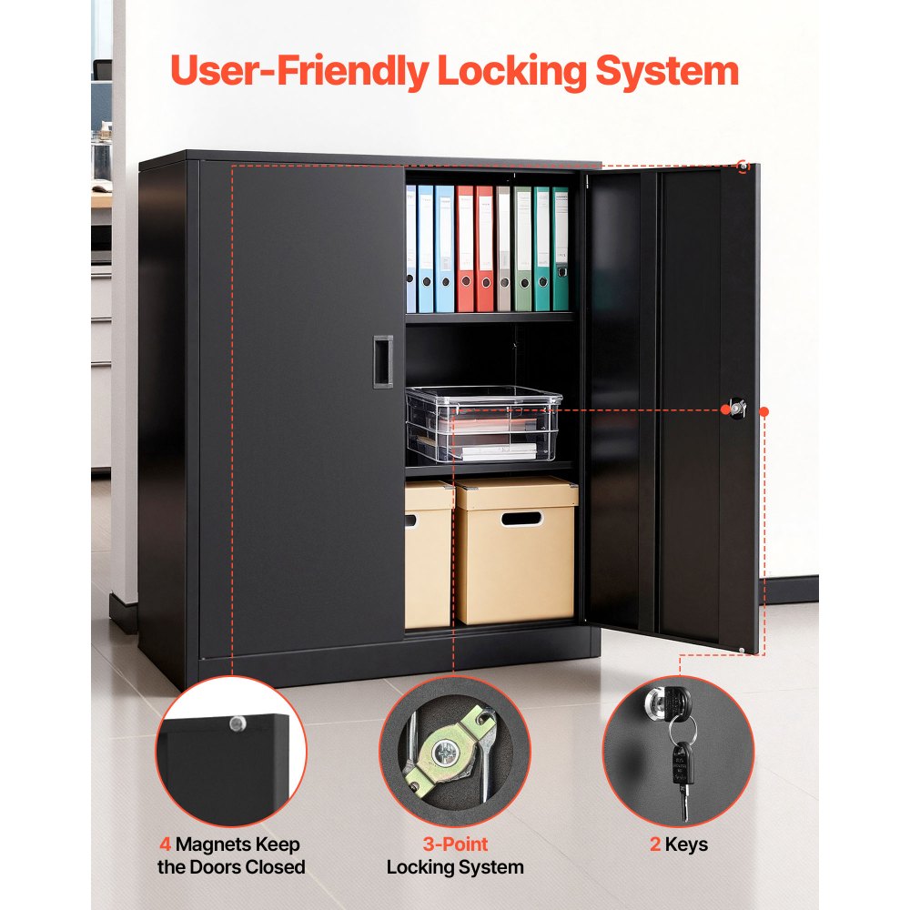 VEVOR Metal Storage Cabinet, 41.7 in Steel Garage Cabinet with 2 Adjustable Shelves, 2 Magnetic Doors & 2 Keys, 3 Tiers Lockable Tool Storage for Pantry, Warehouse, Basement, Office, Black
