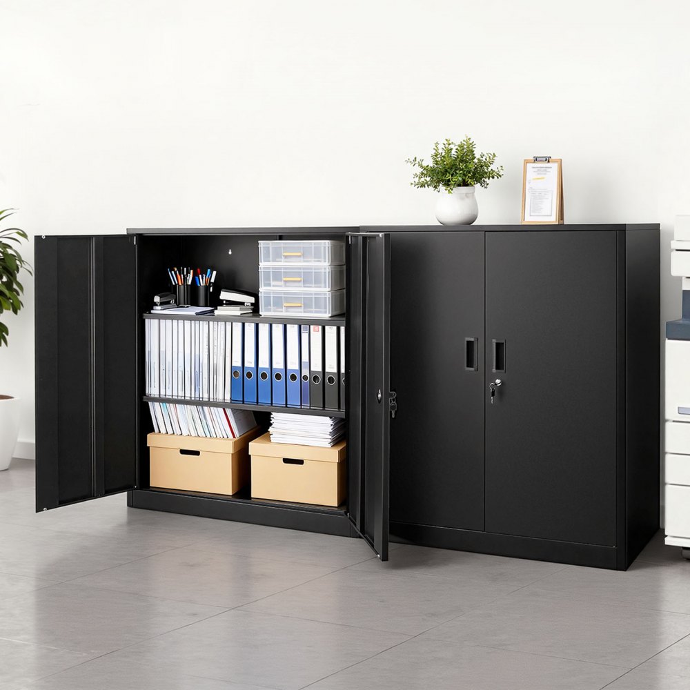 VEVOR Metal Storage Cabinet, 41.7 in Steel Garage Cabinet with 2 Adjustable Shelves, 2 Magnetic Doors & 2 Keys, 3 Tiers Lockable Tool Storage for Pantry, Warehouse, Basement, Office, Black