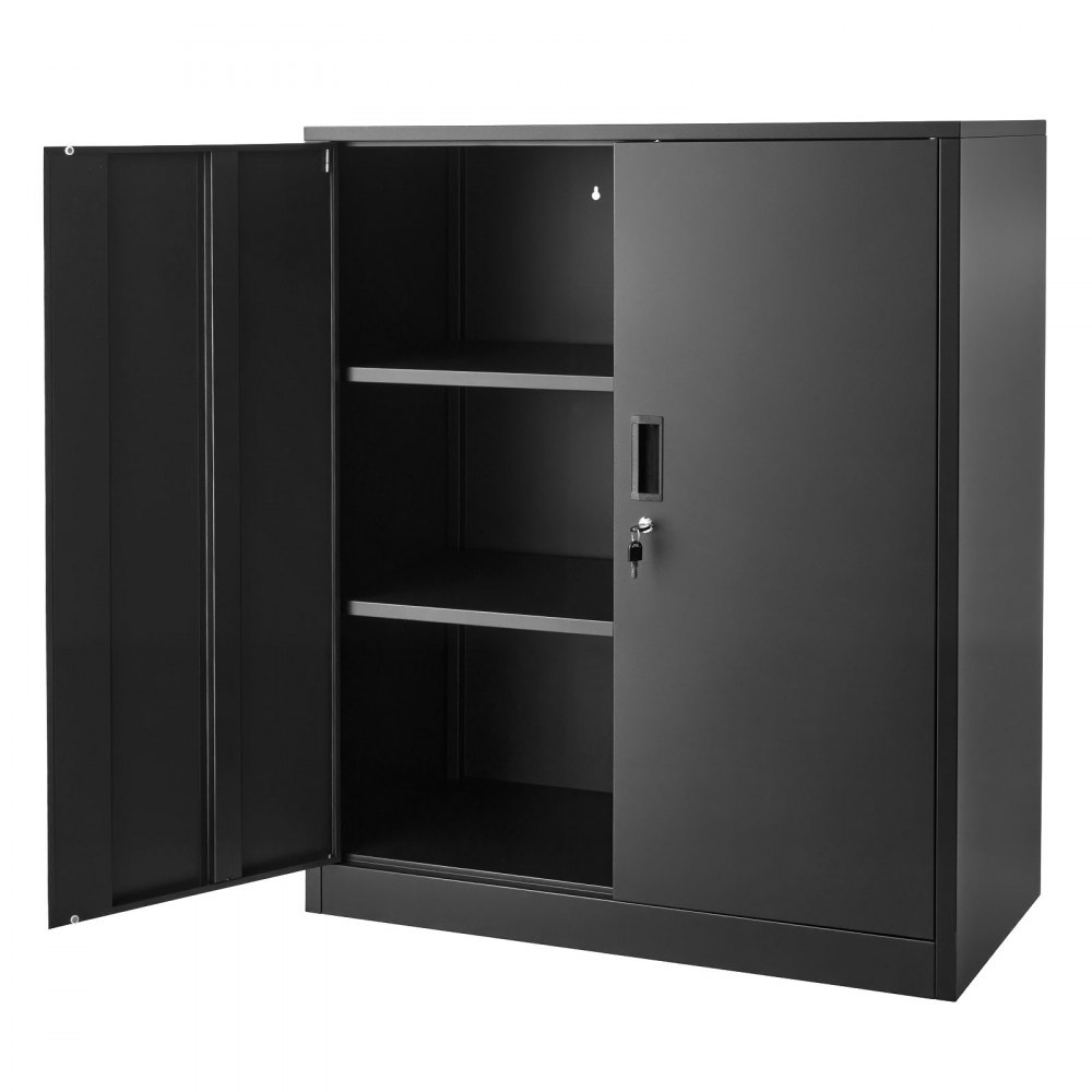 VEVOR Metal Storage Cabinet, 41.7 in Steel Garage Cabinet with 2 Adjustable Shelves, 2 Magnetic Doors & 2 Keys, 3 Tiers Lockable Tool Storage for Pantry, Warehouse, Basement, Office, Black
