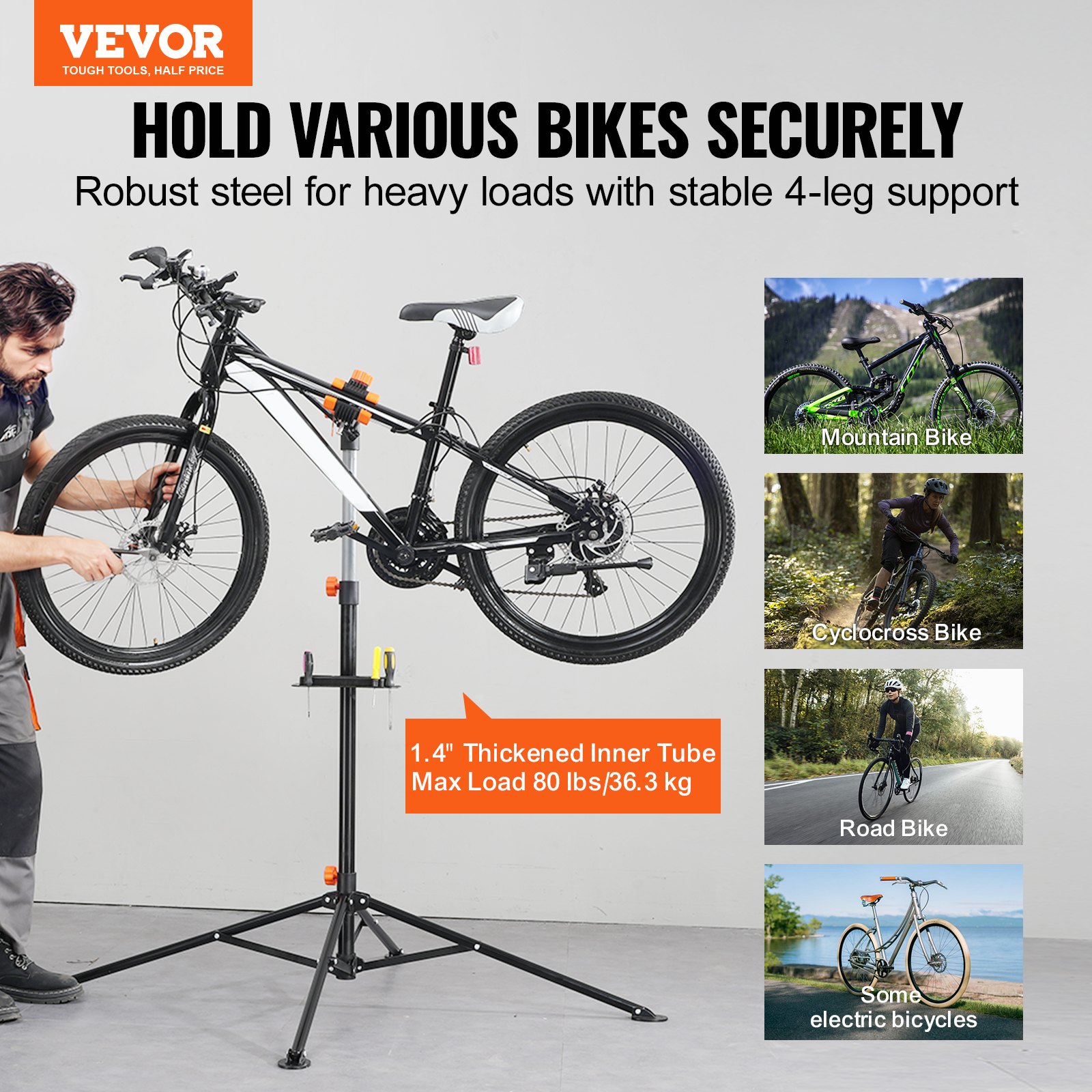 VEVOR Bike Repair Stand, 36 kg Heavy-duty Steel Bicycle Repair Stand, Adjustable Height Bike Maintenance Workstand with Magnetic Tool Tray Telescopic Arm, Foldable Bike Work Stand for Home, Shops