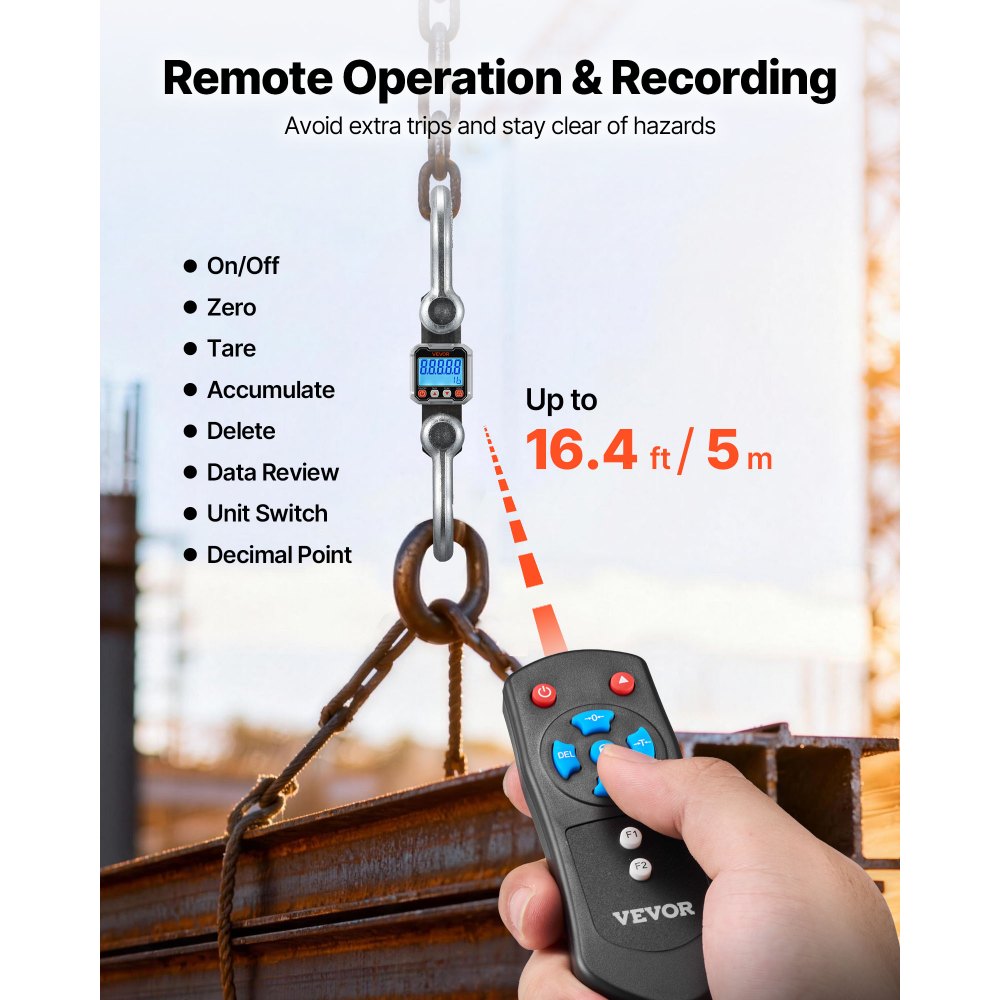 VEVOR Digital Crane Scale, 22000 lbs/10 T Max Capacity, Heavy Duty Industrial Hanging Scale with Cast Aluminum Case & LCD Display, 2 kg Division & 3 Unit Switch, Remote Control for Garage Factory