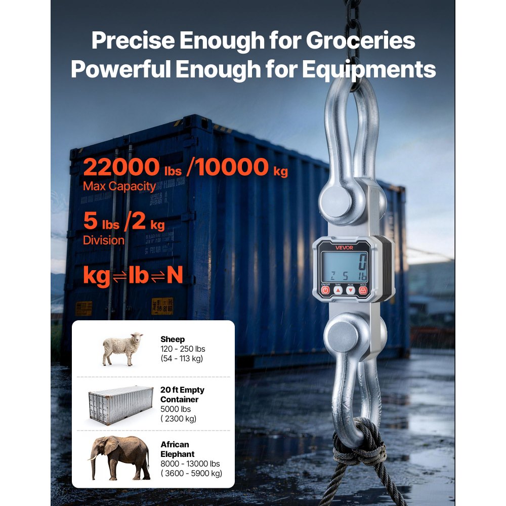 VEVOR Digital Crane Scale, 22000 lbs/10 T Max Capacity, Heavy Duty Industrial Hanging Scale with Cast Aluminum Case & LCD Display, 2 kg Division & 3 Unit Switch, Remote Control for Garage Factory