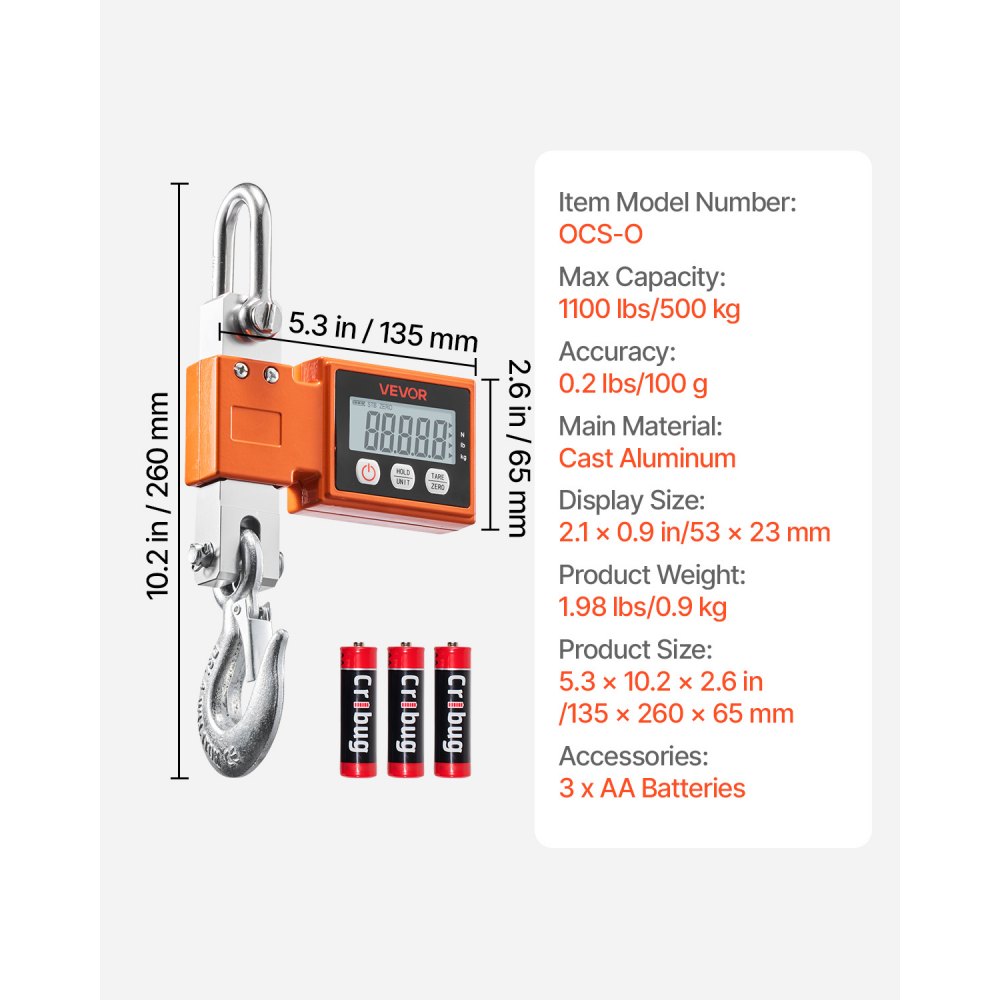 VEVOR Digital Crane Scale, 1100 lbs/500 kg Max Capacity, Heavy Duty Industrial Hanging Scale with Cast Aluminum Case & LCD Display, 100 g Division & 3 Unit Switch, Auto-Off Setting for Garage