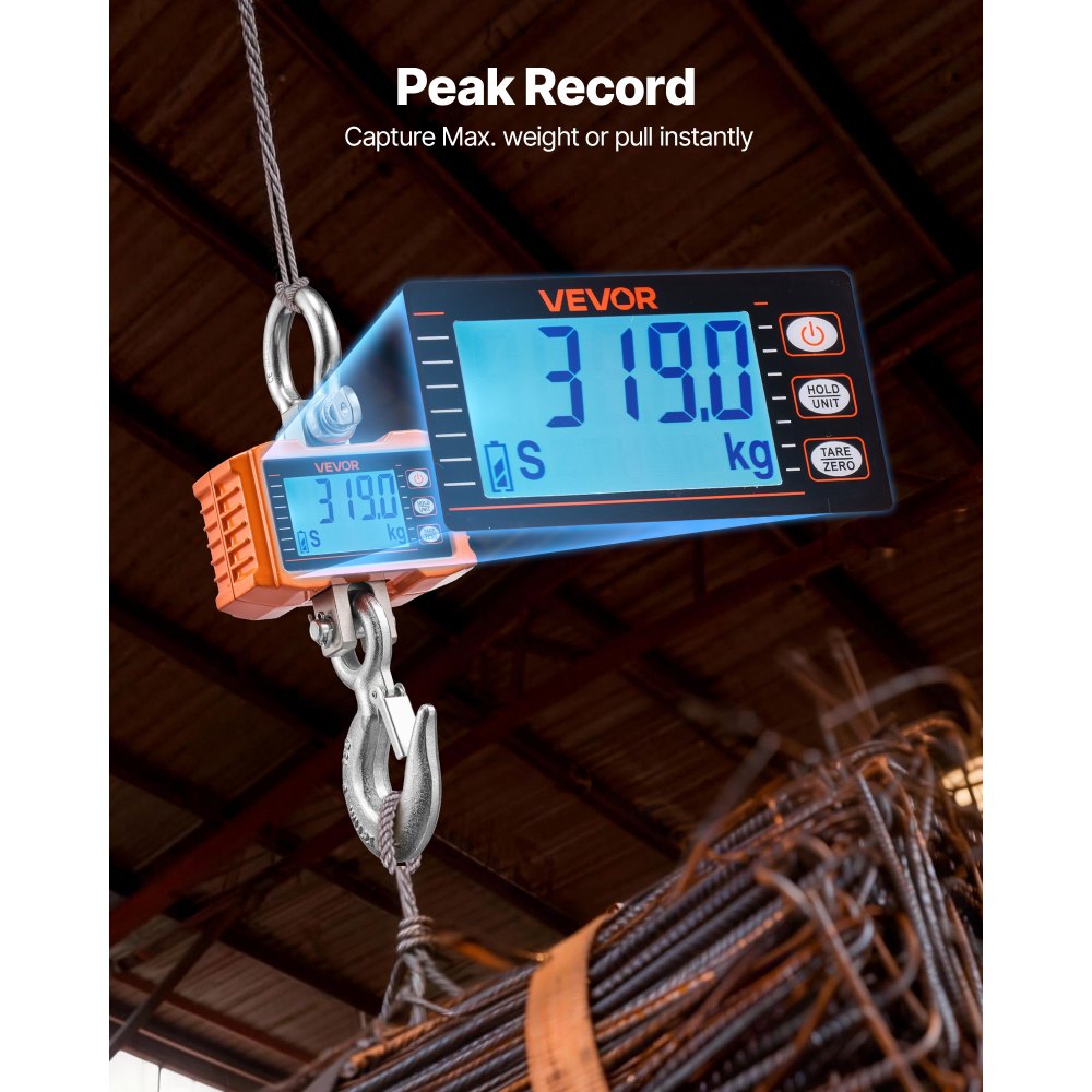 VEVOR Digital Crane Scale, 4400 lbs/2000 kg Max Capacity, Heavy Duty Industrial Hanging Scale with Cast Aluminum Case & LCD Display, 500 g Division & 3 Unit Switch, Remote Control for Garage Factory