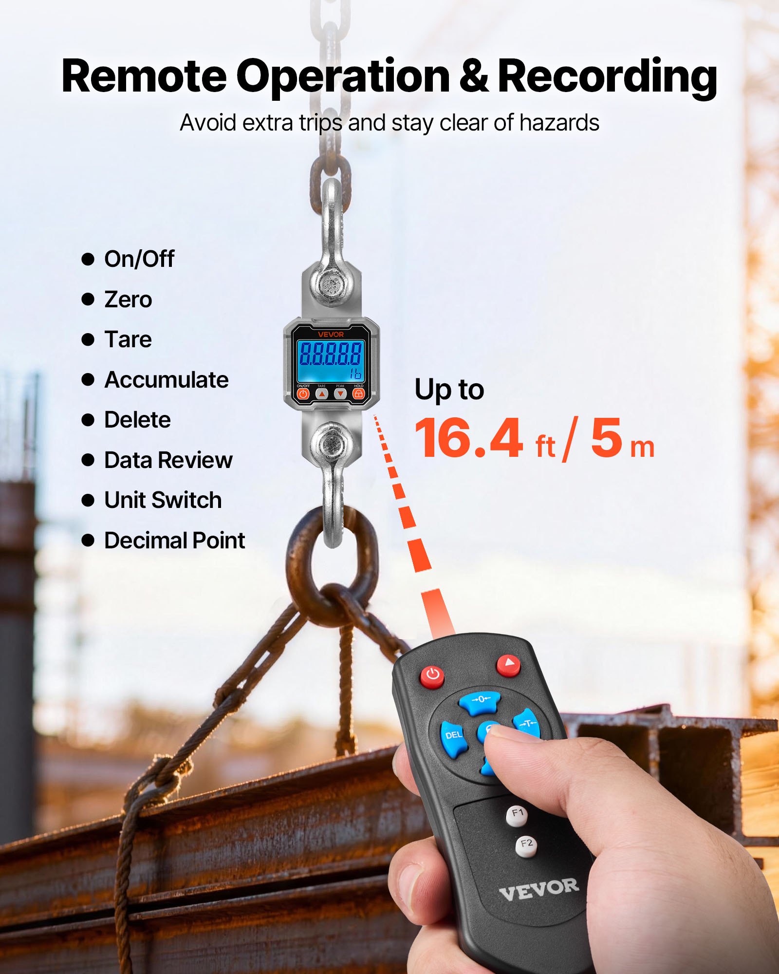 VEVOR Digital Crane Scale, 3000 kg Max Capacity, Heavy Duty Industrial Hanging Scale with Cast Aluminum Case & LCD Display, 500 g Division & 3 Unit Switch, Remote Control for Garage Factory