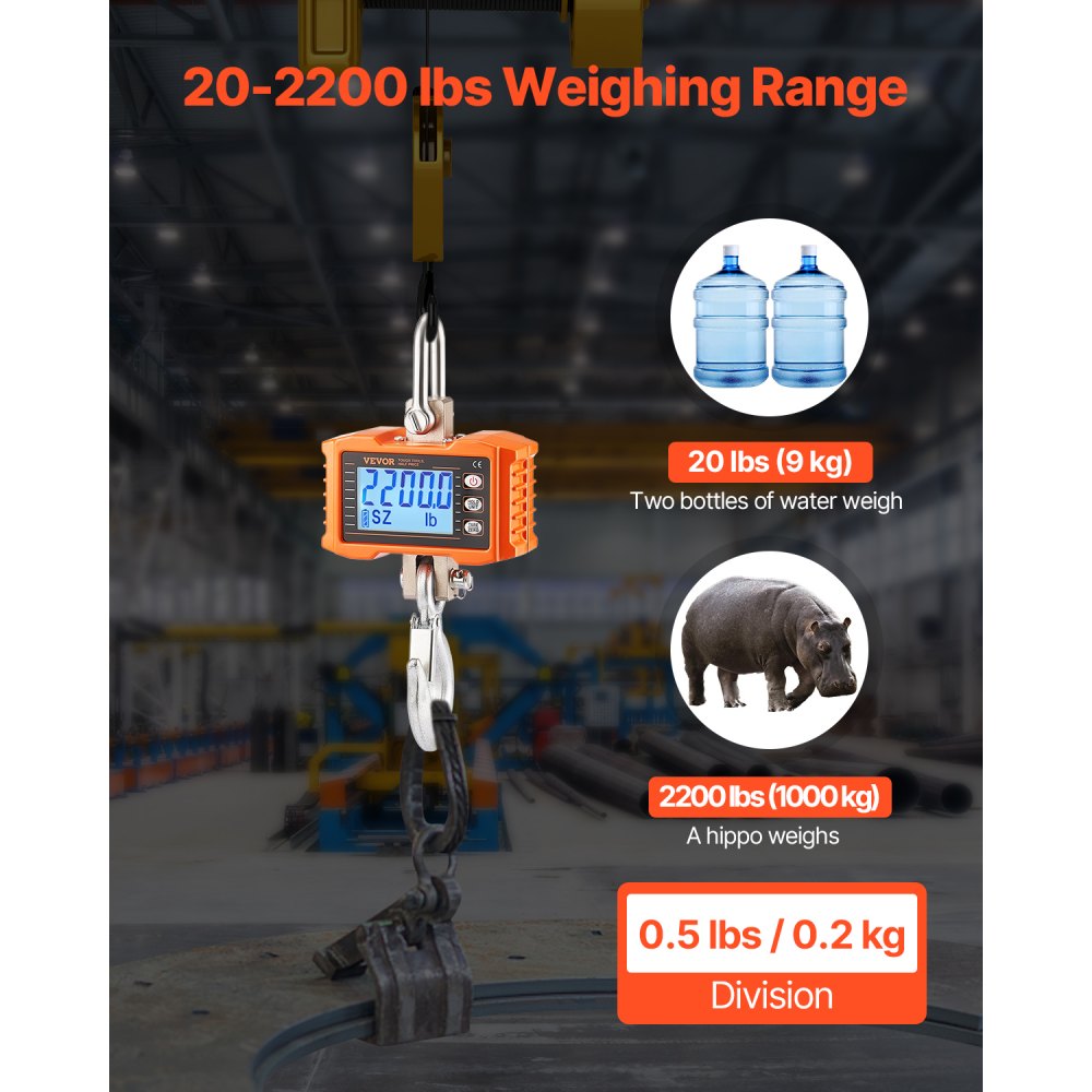 VEVOR Digital Crane Scale,1000 kg, Industrial Heavy Duty Hanging Scale with Remote Control, Cast Aluminum Case & LCD Screen, High Precision for Construction, Factory, Farm, Hunting (Orange)