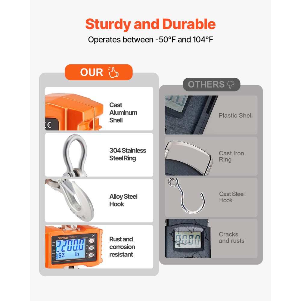 VEVOR Digital Crane Scale,1000 kg, Industrial Heavy Duty Hanging Scale with Remote Control, Cast Aluminum Case & LCD Screen, High Precision for Construction, Factory, Farm, Hunting (Orange)