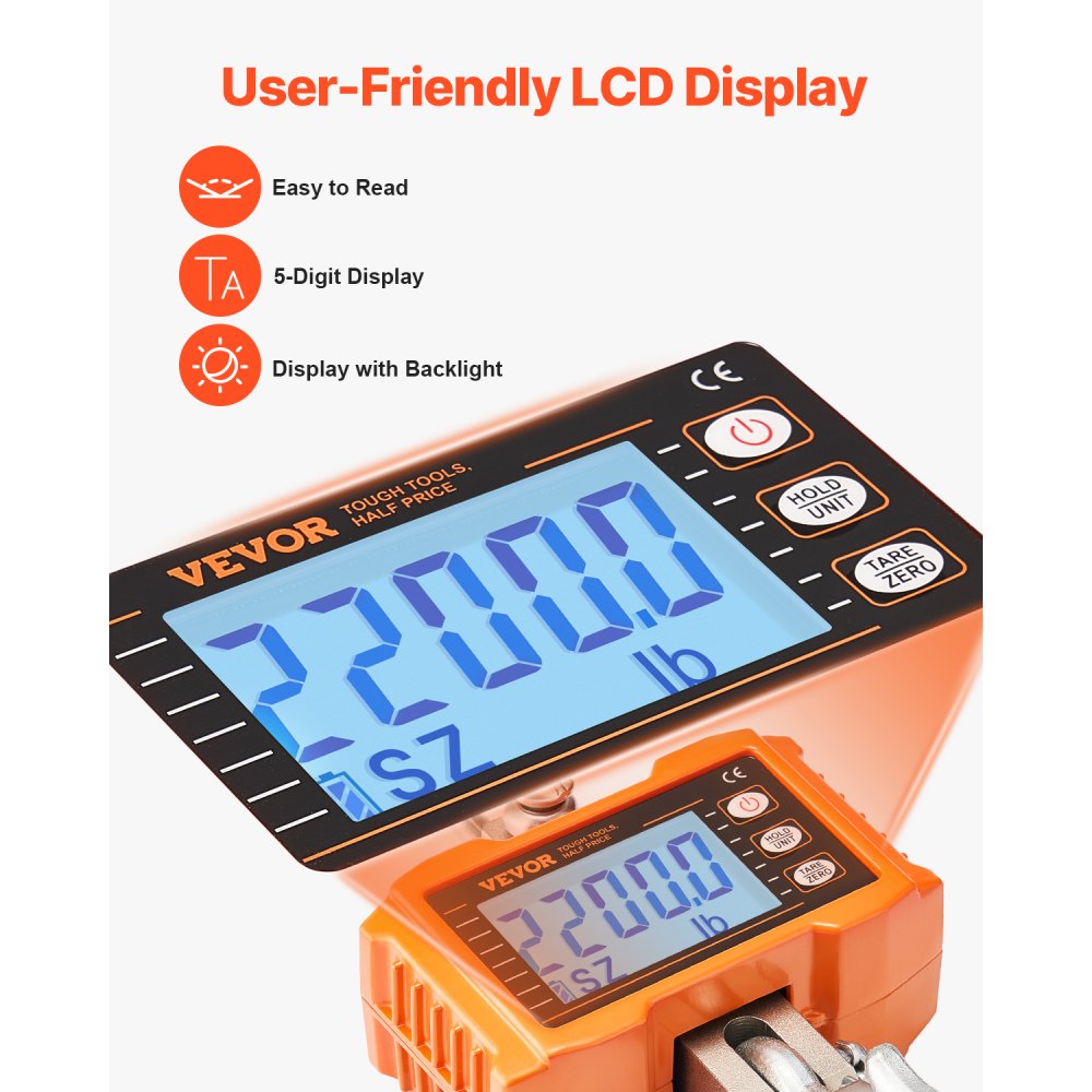 VEVOR Digital Crane Scale,1000 kg, Industrial Heavy Duty Hanging Scale with Remote Control, Cast Aluminum Case & LCD Screen, High Precision for Construction, Factory, Farm, Hunting (Orange)