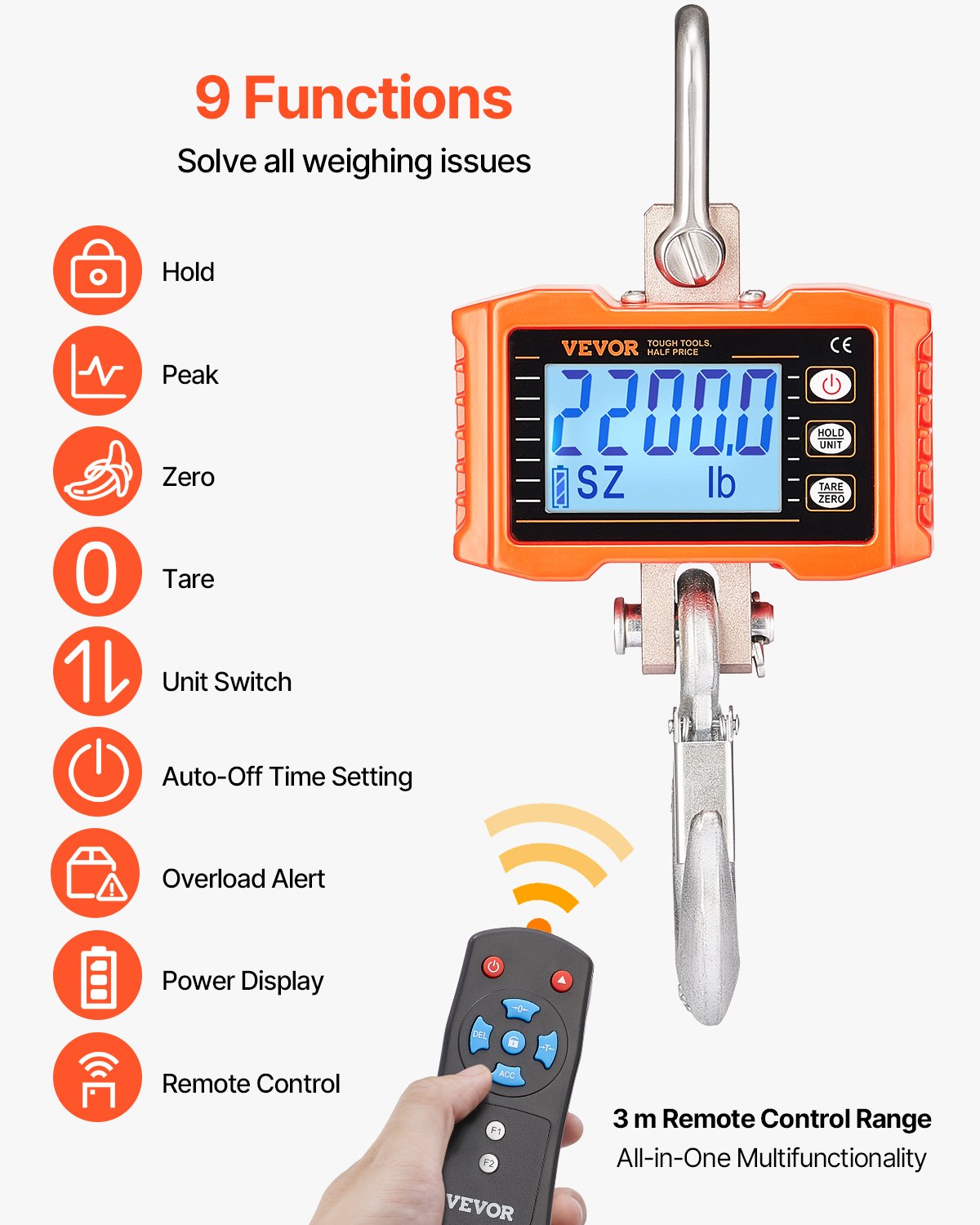 VEVOR Digital Crane Scale,1000 kg, Industrial Heavy Duty Hanging Scale with Remote Control, Cast Aluminum Case & LCD Screen, High Precision for Construction, Factory, Farm, Hunting (Orange)