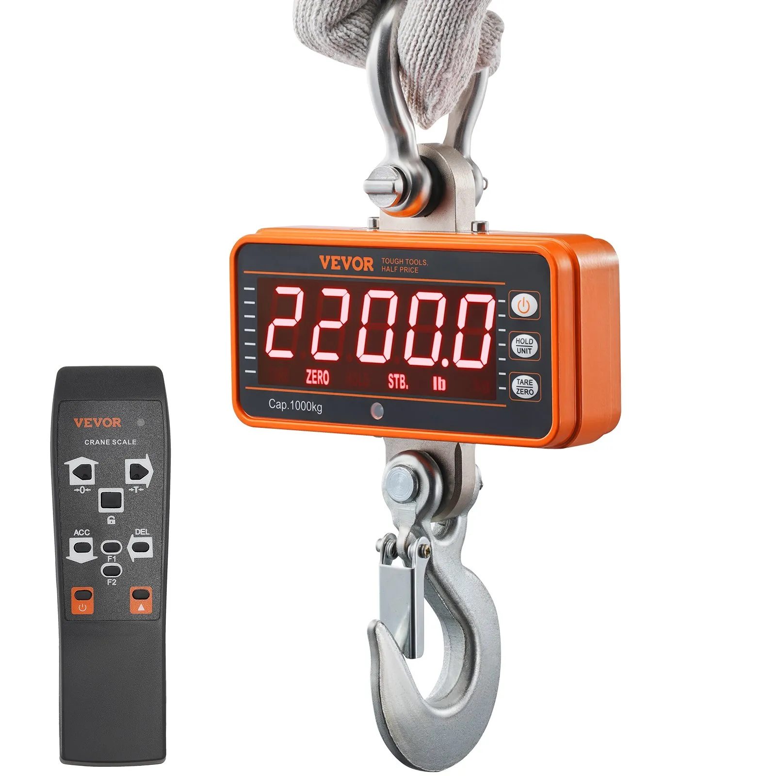 VEVOR Digital Crane Scale, 2200 lbs/1000 kg, Industrial Heavy Duty Hanging Scale with Remote Control, Cast Aluminum Case & LED Screen, High Precision for Construction, Factory, Farm, Hunting (Orange)