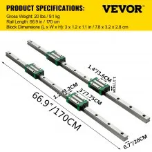 VEVOR 3PCS Linear Rail 0.78-66 Inch, Linear Bearings and Rails with 4PCS HSR20 Bearing Block, Linear Motion Slide Rails plus for DIY CNC Routers Lathes Mills, Linear Slide Kit fit X Y Z Axis