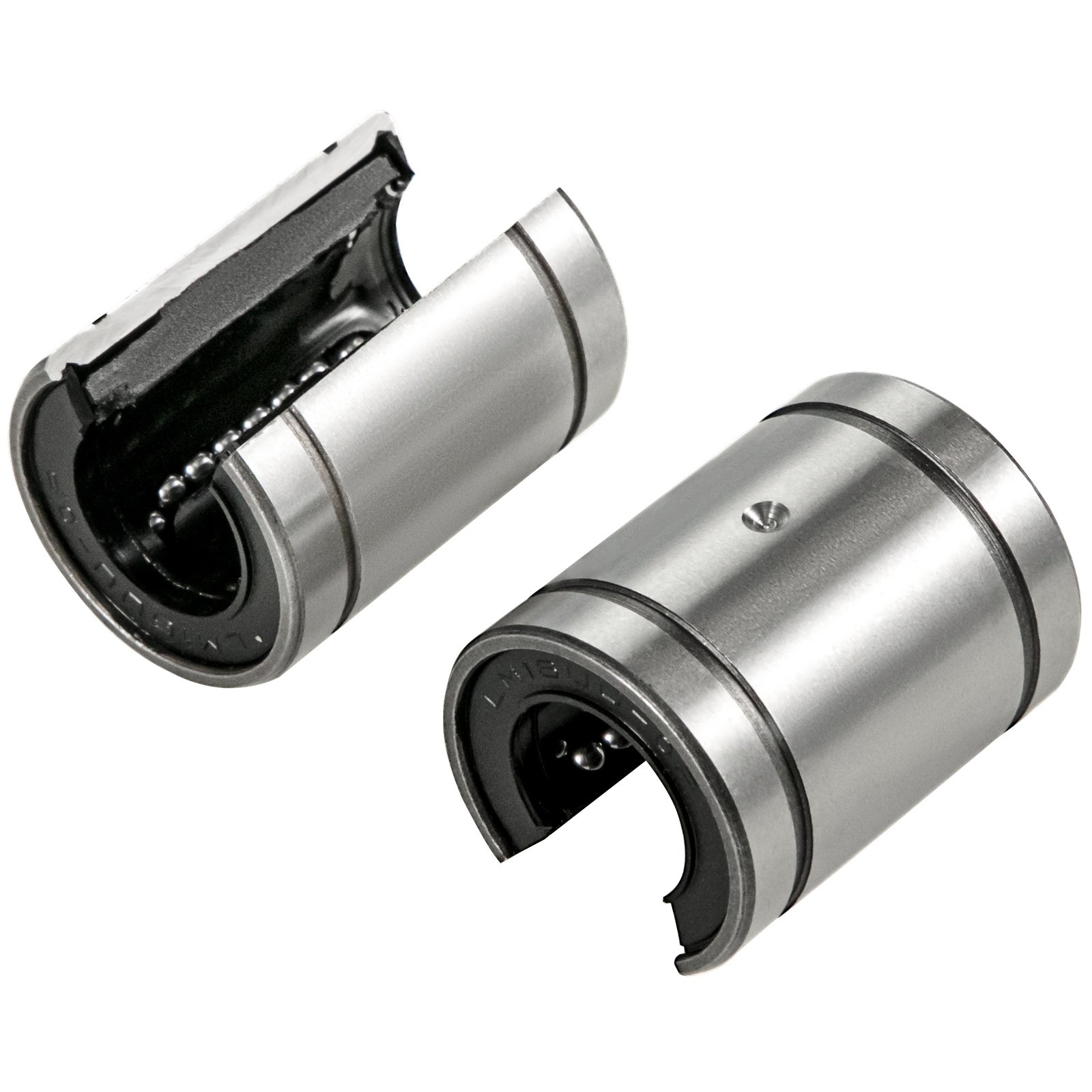 two metallic VEVOR linear rail bearings with open slots and visible ball bearings.