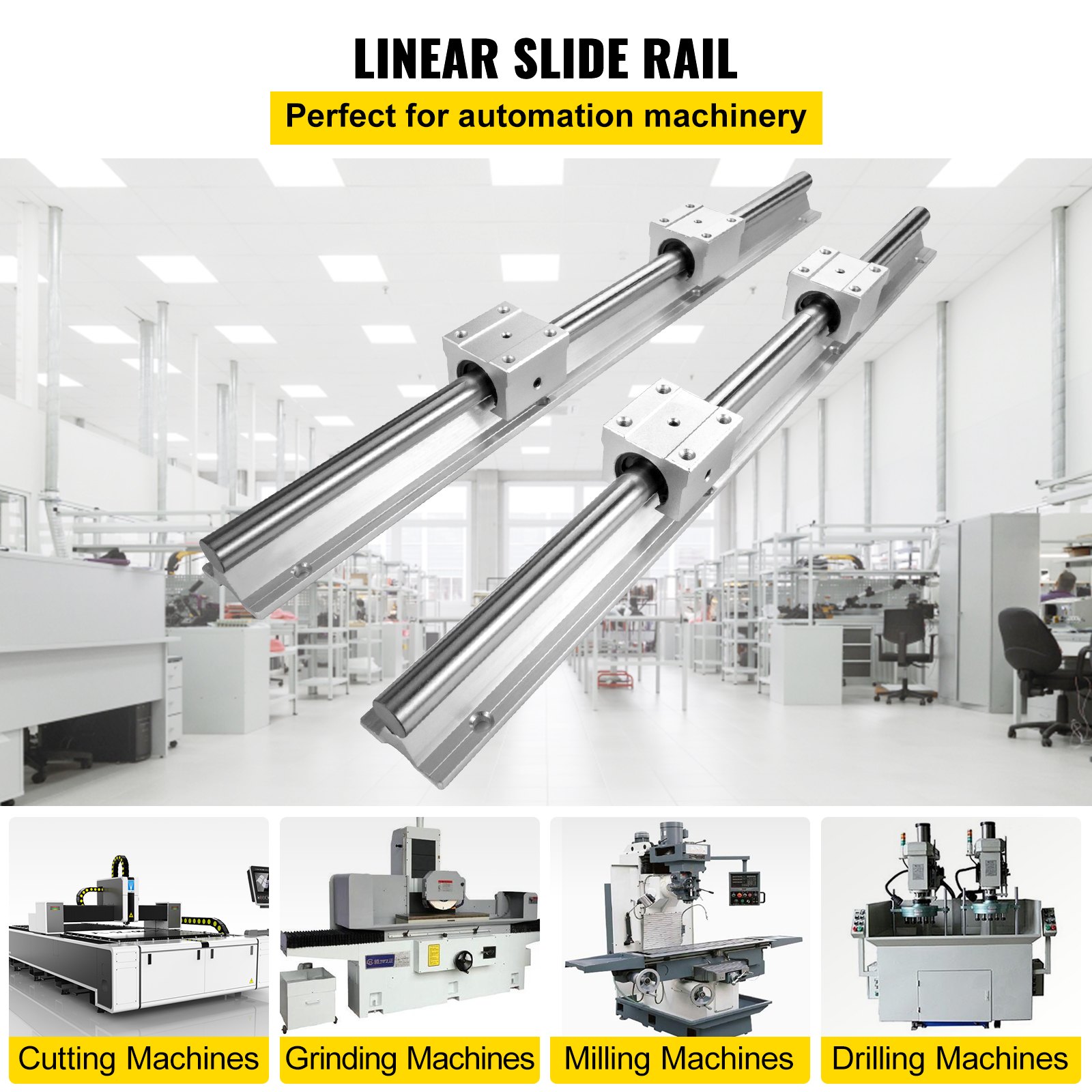 VEVOR linear rail for automation machinery in a bright, modern factory setting.