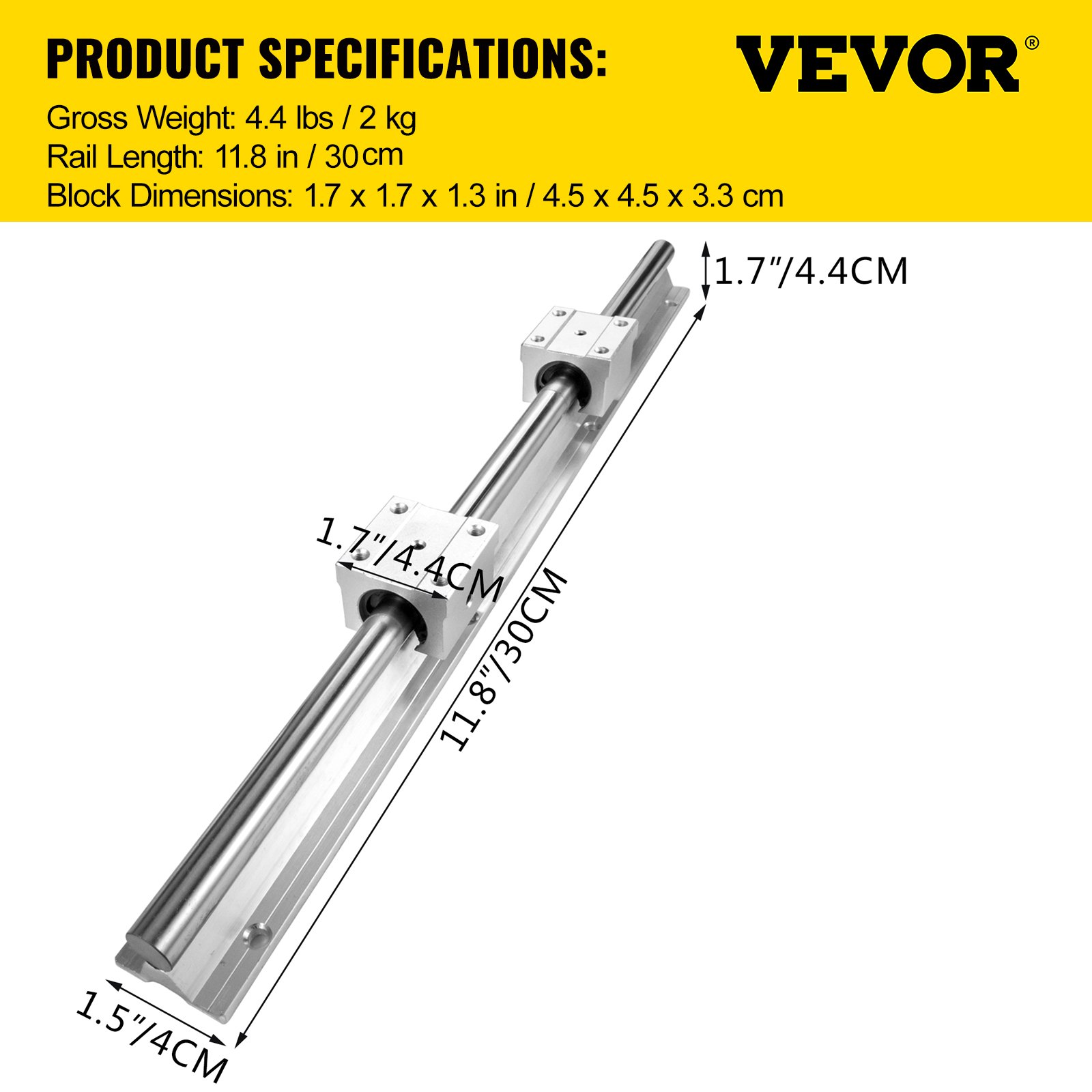 VEVOR linear rail 11.8 inches long with two blocks, gross weight 4.4 lbs.
