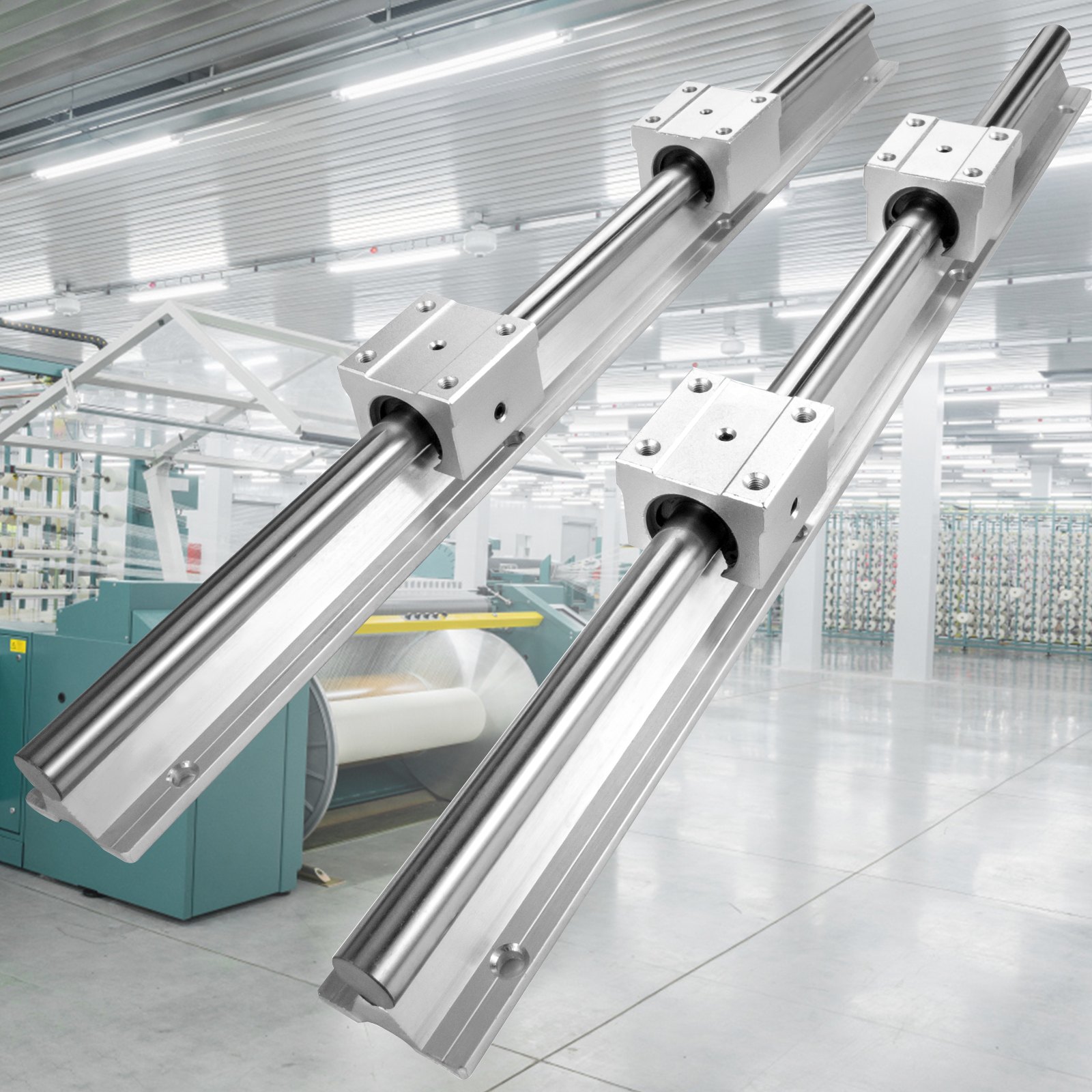 VEVOR linear rail in a high-tech manufacturing facility with modern machinery.