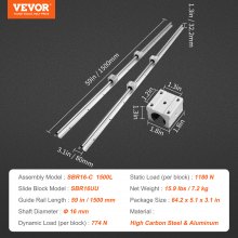 Set șine de ghidare liniare VEVOR, SBR16 1500 mm, 2 bucăți șine de ghidare SBR16 de 59 in/1500 mm și 4 bucăți blocuri de glisare SBR16UU, șine liniare și kit de rulmenți pentru mașini automate Proiect DIY Mașini de frezat CNC