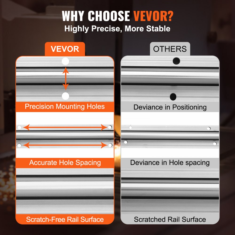comparison between VEVOR linear guide rails and others, highlighting precision mounting holes and scratch-free surfaces.