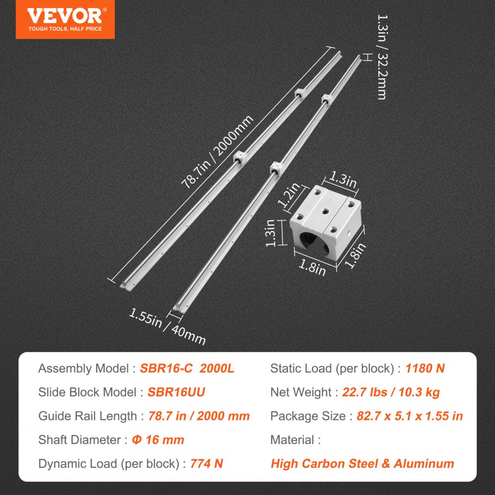 VEVOR linear guide rails with sbr16uu slide block, 2000mm length, high carbon steel and aluminum.