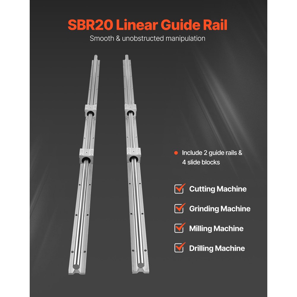 VEVOR Linear Guide Rail Set, SBR20 1500mm, 2 PCS 1500 mm SBR20 Guide Rails and 4 PCS SBR20UU Slide Blocks, Linear Rails and Bearings Kit for Automated Machines DIY Project CNC Router Machines