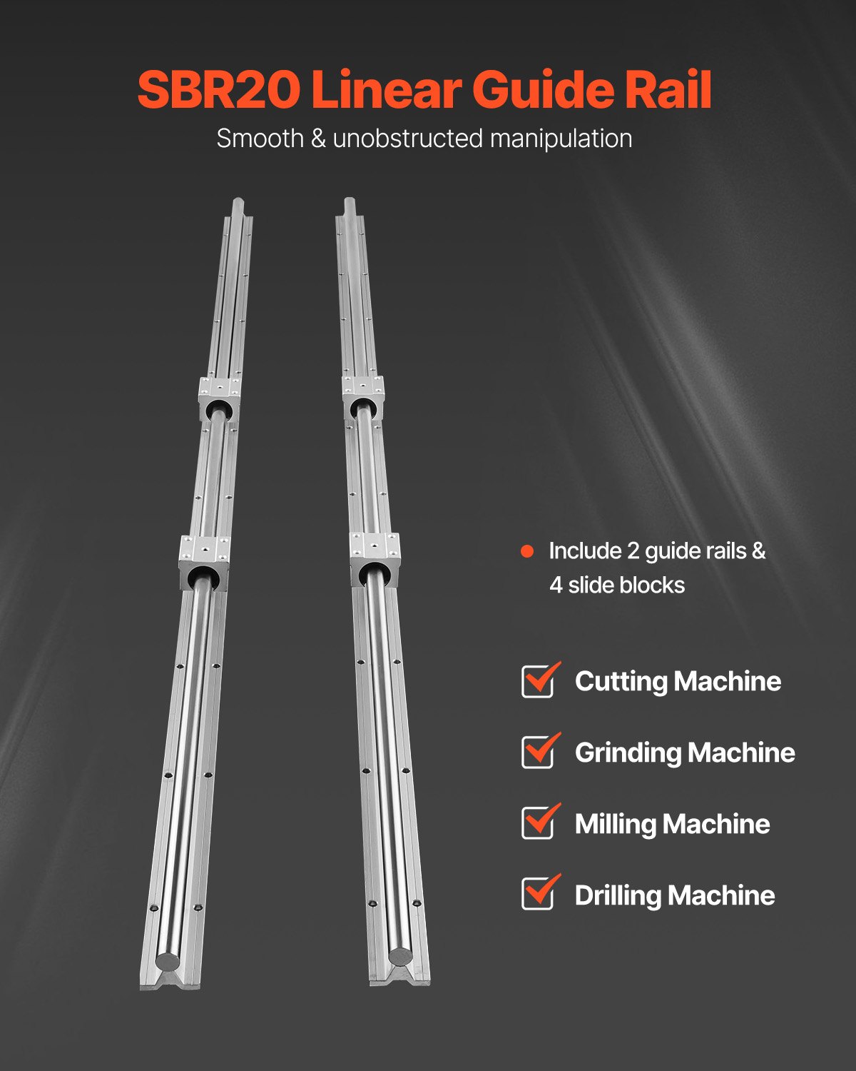 VEVOR Linear Guide Rail Set, SBR20 1500mm, 2 PCS 1500 mm SBR20 Guide Rails and 4 PCS SBR20UU Slide Blocks, Linear Rails and Bearings Kit for Automated Machines DIY Project CNC Router Machines