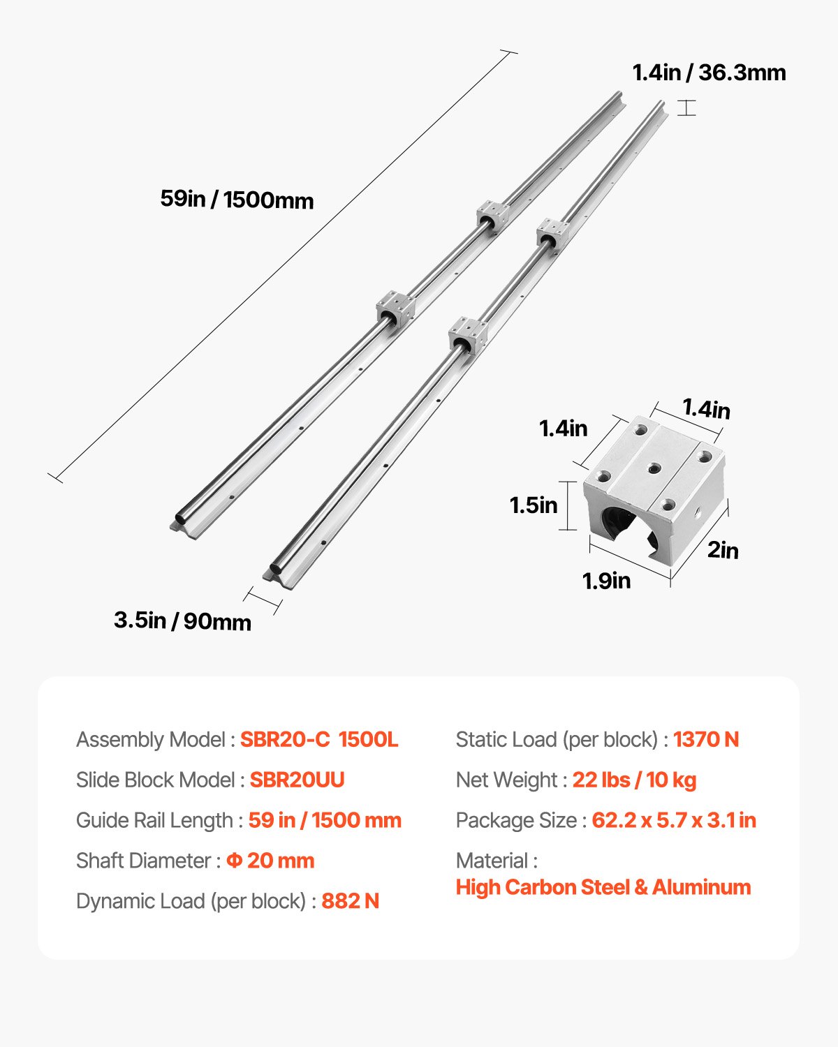 VEVOR Linear Guide Rail Set, SBR20 1500mm, 2 PCS 1500 mm SBR20 Guide Rails and 4 PCS SBR20UU Slide Blocks, Linear Rails and Bearings Kit for Automated Machines DIY Project CNC Router Machines