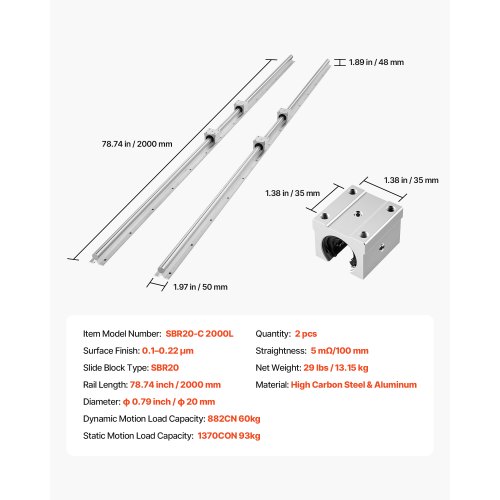 Lineaarjuhikute komplekt SBR20, 2x2000mm rööbas, 4x laagriplokki — pilt 7