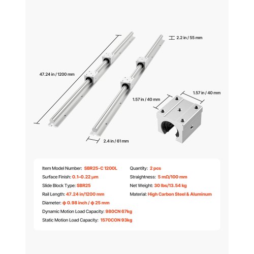 Lineaarjuhikute komplekt SBR25, 2x1200mm rööbas, 4x laagriplokki — pilt 7