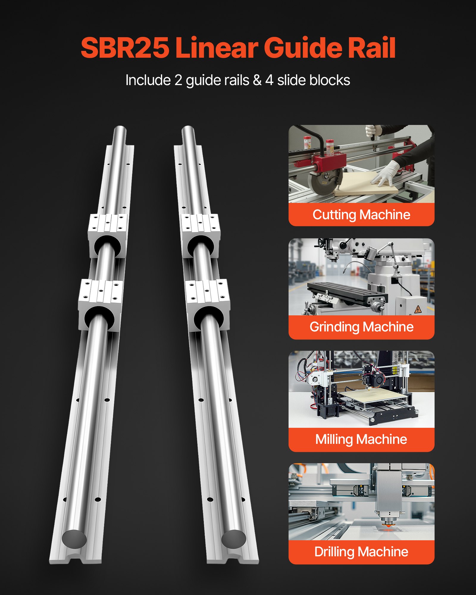 VEVOR Linear Rail Kit, SBR25, 2Pcs 1200 mm (47.24 inch) Linear Motion Guide Rails and 4Pcs Bearing Slide Blocks, Fully Supported Shaft, for Cutting, Grinding, Milling, Drilling Machines, and More