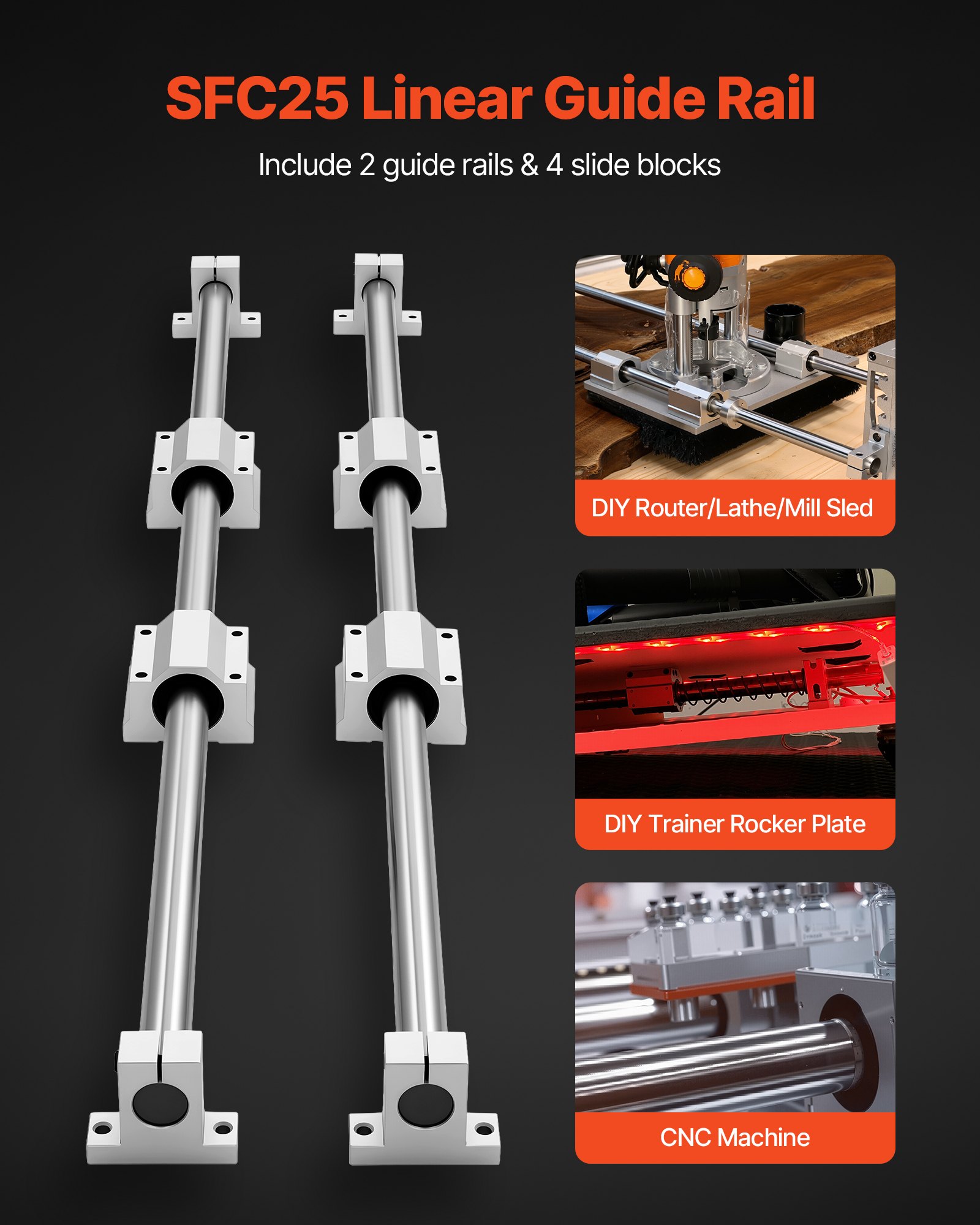 VEVOR Linear Rail Kit, SFC25, 2Pcs 1000 mm (39.4 inch) Linear Motion Guide Rails and 4Pcs Bearing Slide Blocks, for DIY Engraving Machine Lathe Milling Machine Slides, DIY Training Rocker Plate