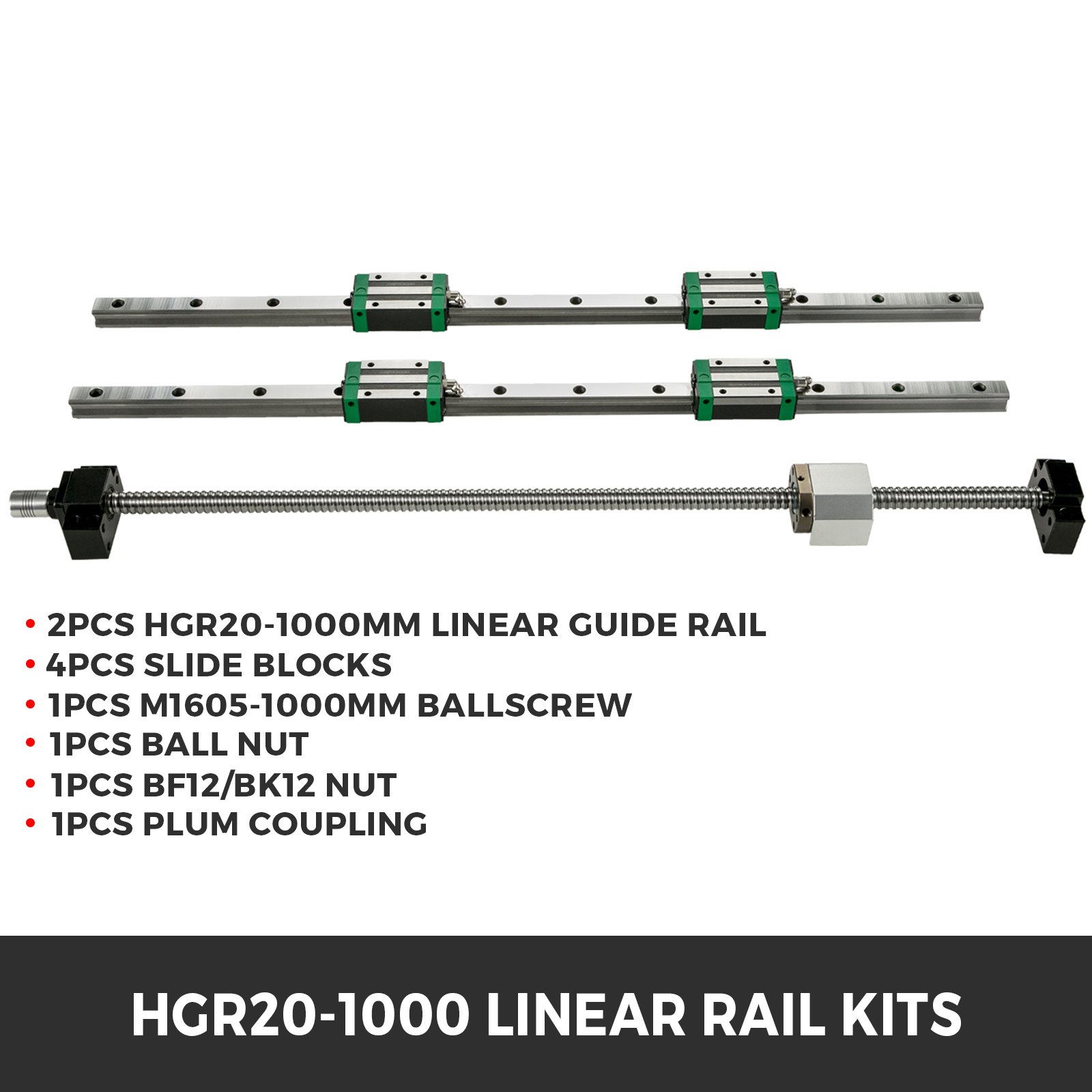 VEVOR  Linear Guide Rail  2Pcs HGR20-1000mm Linear Slide Rail with 1Pcs RM1605-1000mm Ballscrew with BF12/BK12 Kit Linear Slide Rail Guide Rail Square For DIY CNC Routers Lathes Mills