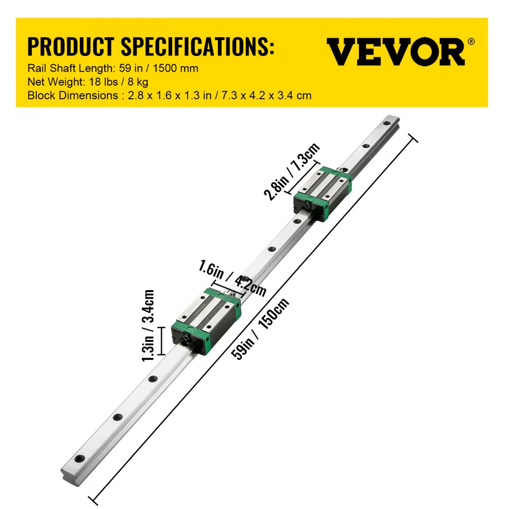 VEVOR linear guide rail kit with block dimensions and measurement details.