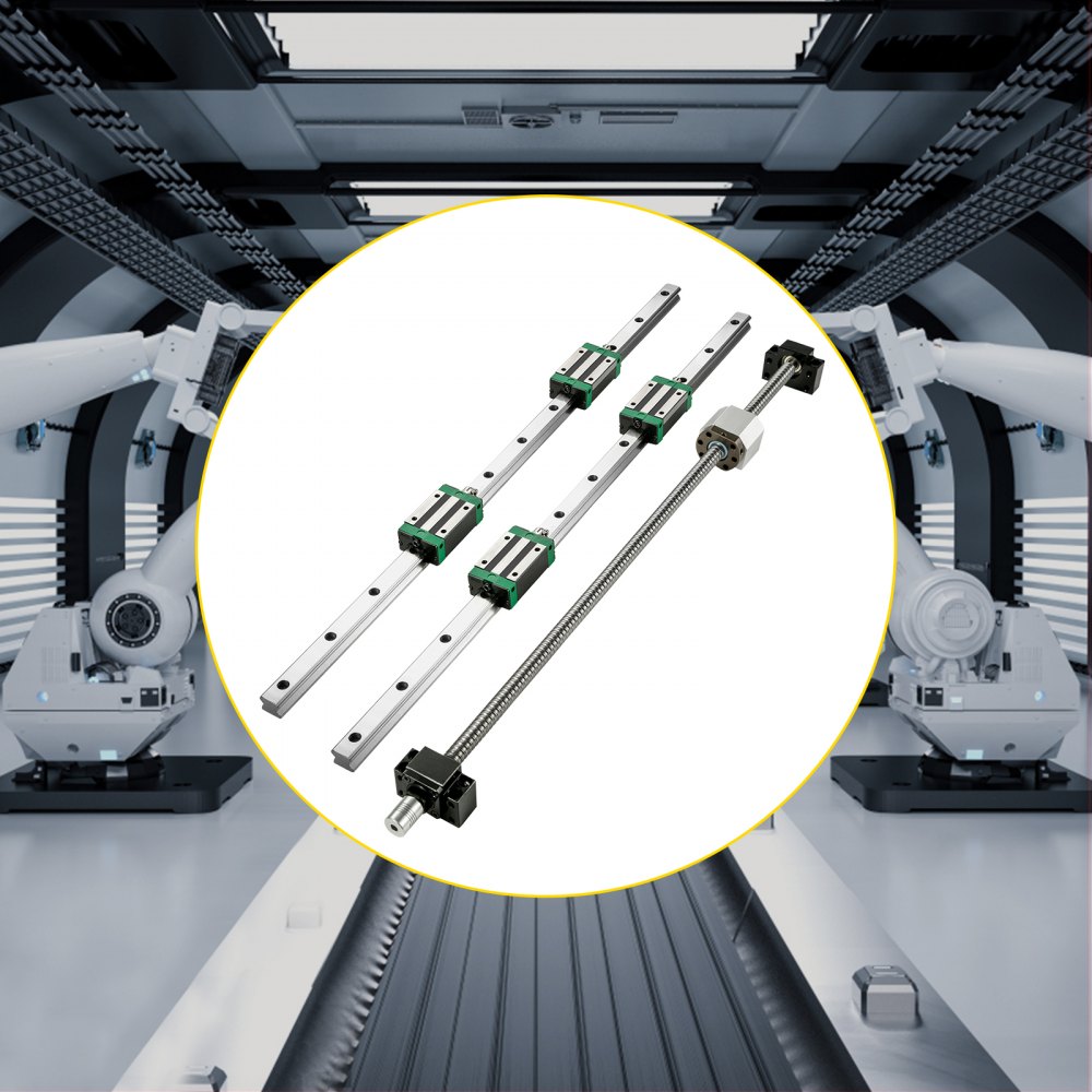 VEVOR linear guide rail kit highlighted in a robotic assembly line setting.