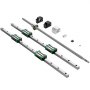 VEVOR linear guide rail kit with three rail sets and various hardware components laid out.