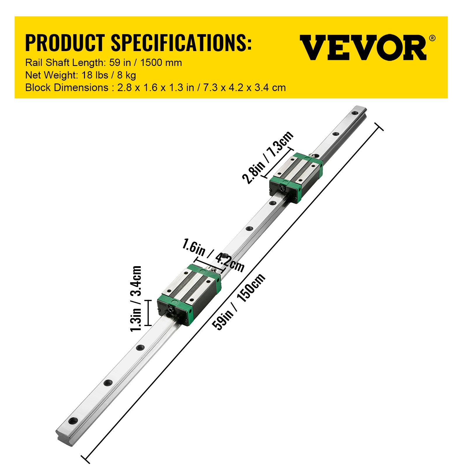 VEVOR linear guide rail kit with block dimensions and measurement details.