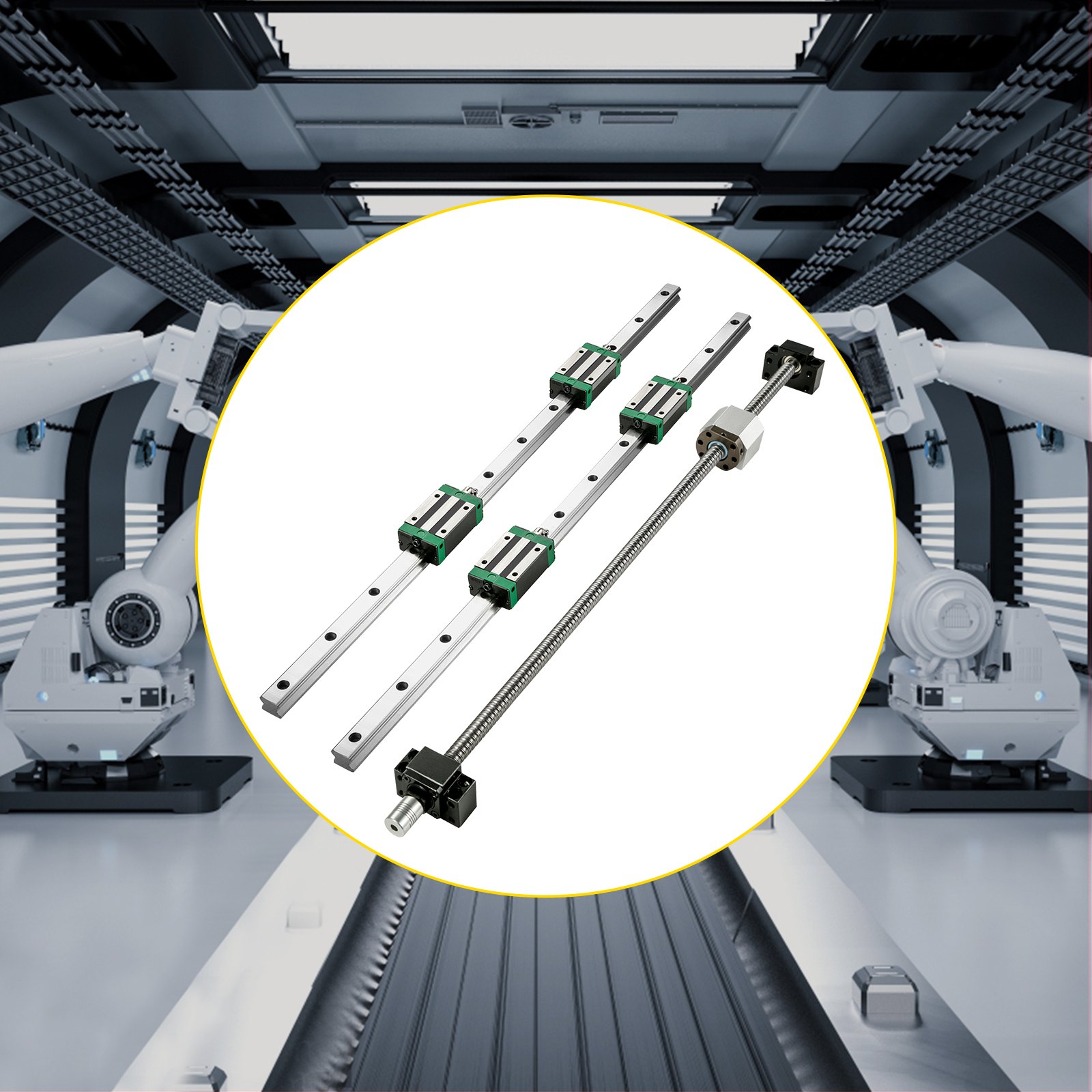 VEVOR linear guide rail kit highlighted in a robotic assembly line setting.