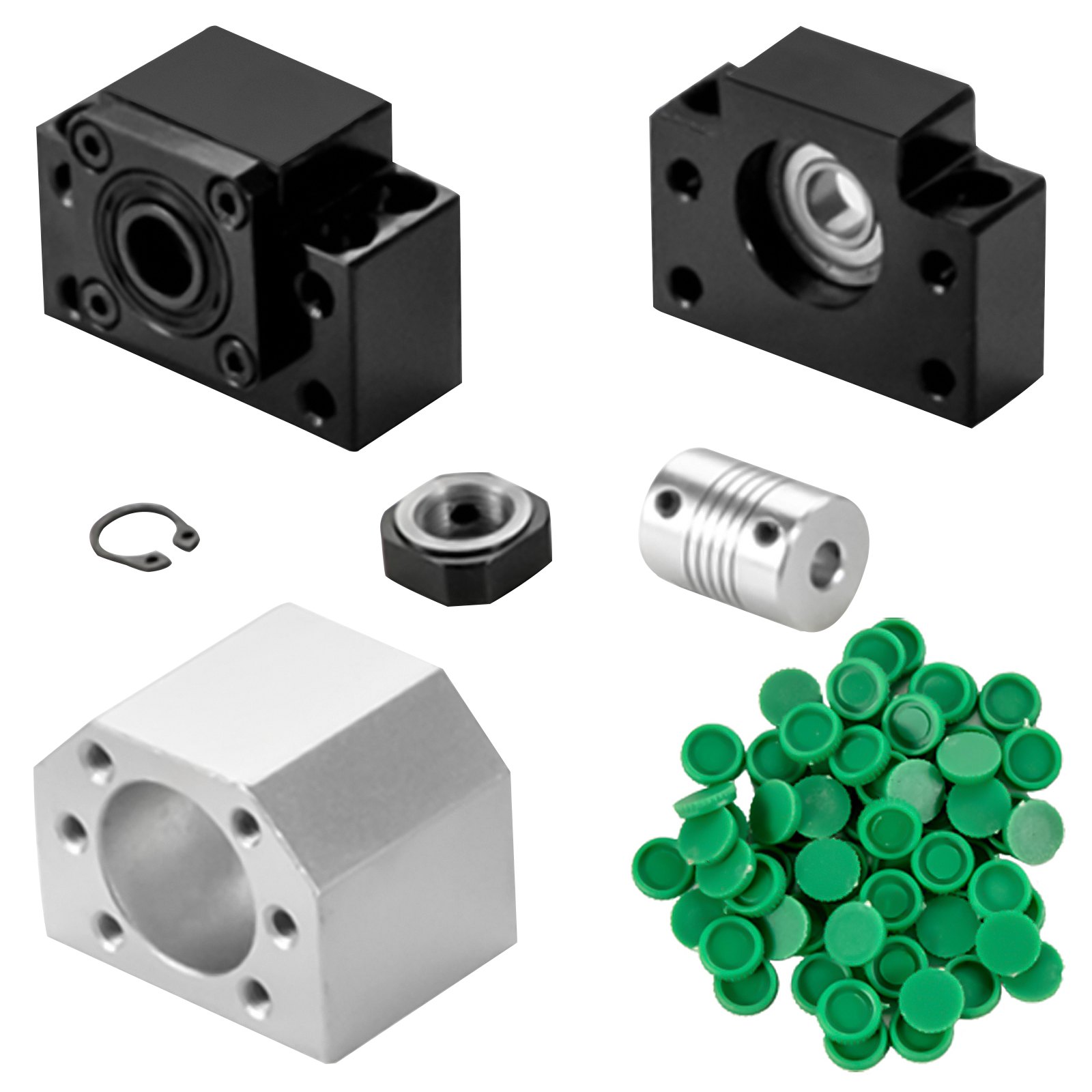 VEVOR linear guide rail kit components including bearings, blocks, and green caps.