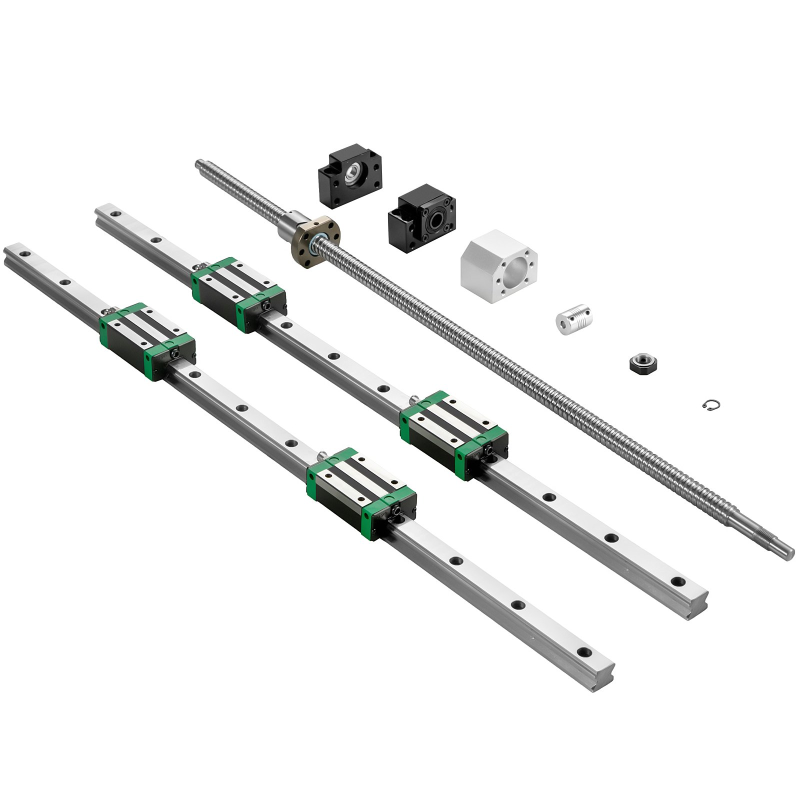 VEVOR linear guide rail kit with three rail sets and various hardware components laid out.