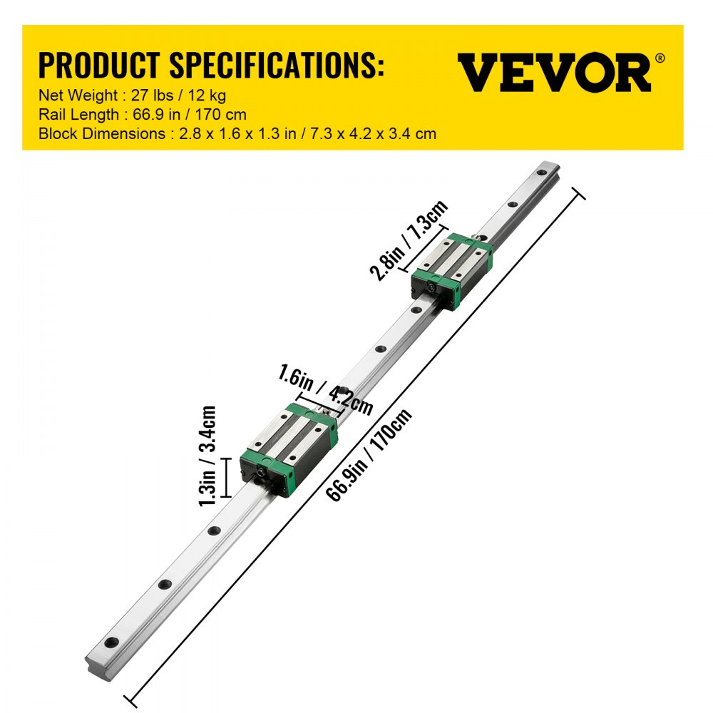 VEVOR linear guide rail, 66.9in long, with block dimensions displayed.