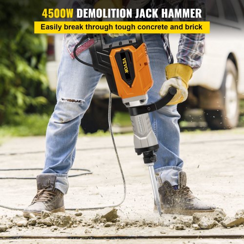 VEVOR Demolition Jack Hammer, 4500W 1800BPM, 1-1/8" Hex Heavy Duty Concrete Breaker w/Chisel, Case & Gloves, 110V Industrial Electric Jackhammer for Demolishing, Chipping & Demo, CE Approved, Yellow