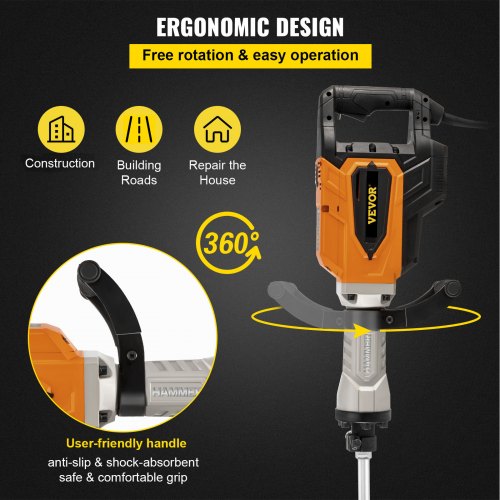 VEVOR Demolition Jack Hammer, 4500W 1800BPM, 1-1/8" Hex Heavy Duty Concrete Breaker w/Chisel, Case & Gloves, 110V Industrial Electric Jackhammer for Demolishing, Chipping & Demo, CE Approved, Yellow