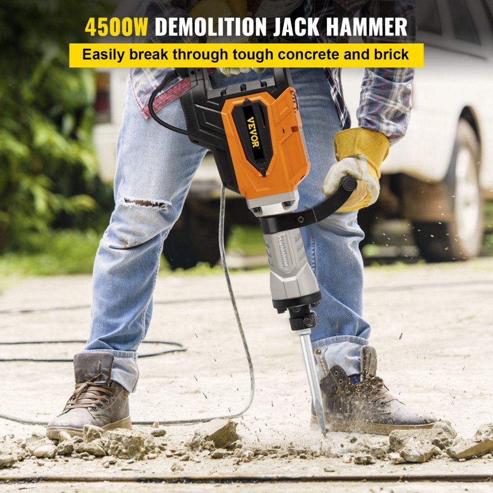 VEVOR Demolition Jack Hammer, 4500W 1800BPM, 1-1/8\ Hex Heavy Duty  Concrete Breaker w/Chisel, Case & Gloves, 110V Industrial Electric  Jackhammer for Demolishing, Chipping & Demo, CE Approved, Yellow