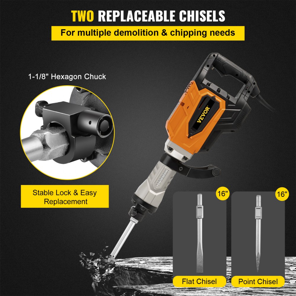 VEVOR Demolition Jack Hammer, 4500W 1800BPM, 1-1/8" Hex Heavy Duty Concrete Breaker w/Chisel, Case & Gloves, 110V Industrial Electric Jackhammer for Demolishing, Chipping & Demo, CE Approved, Yellow
