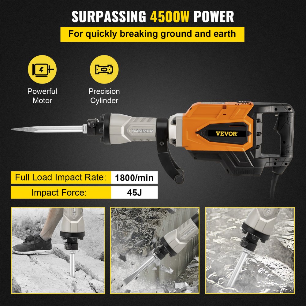 VEVOR Demolition Jack Hammer, 4500W 1800BPM, 1-1/8" Hex Heavy Duty Concrete Breaker w/Chisel, Case & Gloves, 110V Industrial Electric Jackhammer for Demolishing, Chipping & Demo, CE Approved, Yellow