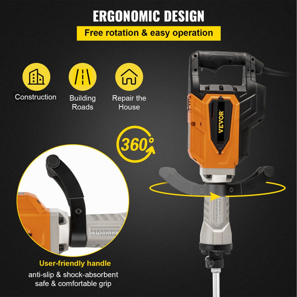 VEVOR Demolition Jack Hammer, 4500W 1800BPM, 1-1/8" Hex Heavy Duty Concrete Breaker w/Chisel, Case & Gloves, 110V Industrial Electric Jackhammer for Demolishing, Chipping & Demo, CE Approved, Yellow