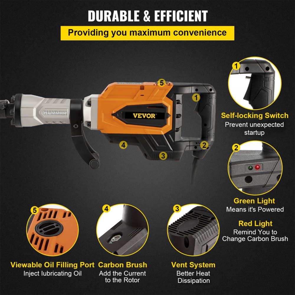 VEVOR Demolition Jack Hammer, 4500W 1800BPM, 1-1/8" Hex Heavy Duty Concrete Breaker w/Chisel, Case & Gloves, 110V Industrial Electric Jackhammer for Demolishing, Chipping & Demo, CE Approved, Yellow
