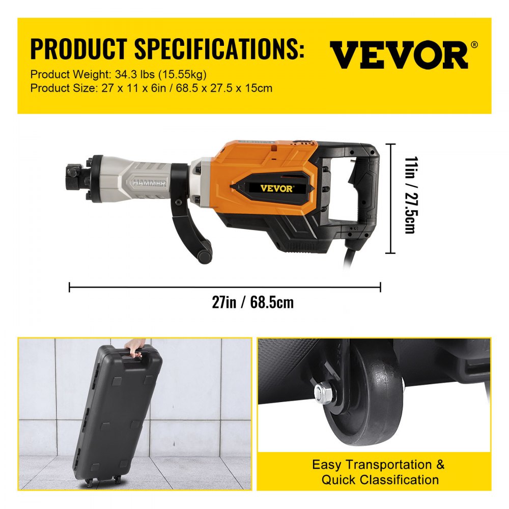 VEVOR Demolition Jack Hammer, 4500W 1800BPM, 1-1/8" Hex Heavy Duty Concrete Breaker w/Chisel, Case & Gloves, 110V Industrial Electric Jackhammer for Demolishing, Chipping & Demo, CE Approved, Yellow