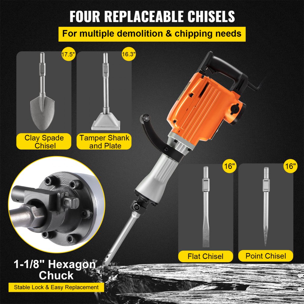 VEVOR Demolition Jack Hammer, 2600W 1800BPM, 1-1/8" Hex Heavy Duty Concrete Breaker with 4 Chisels, Case and Gloves, 220V Industrial Electric Jackhammer for Demolishing, Chipping & Demo, CE Approved