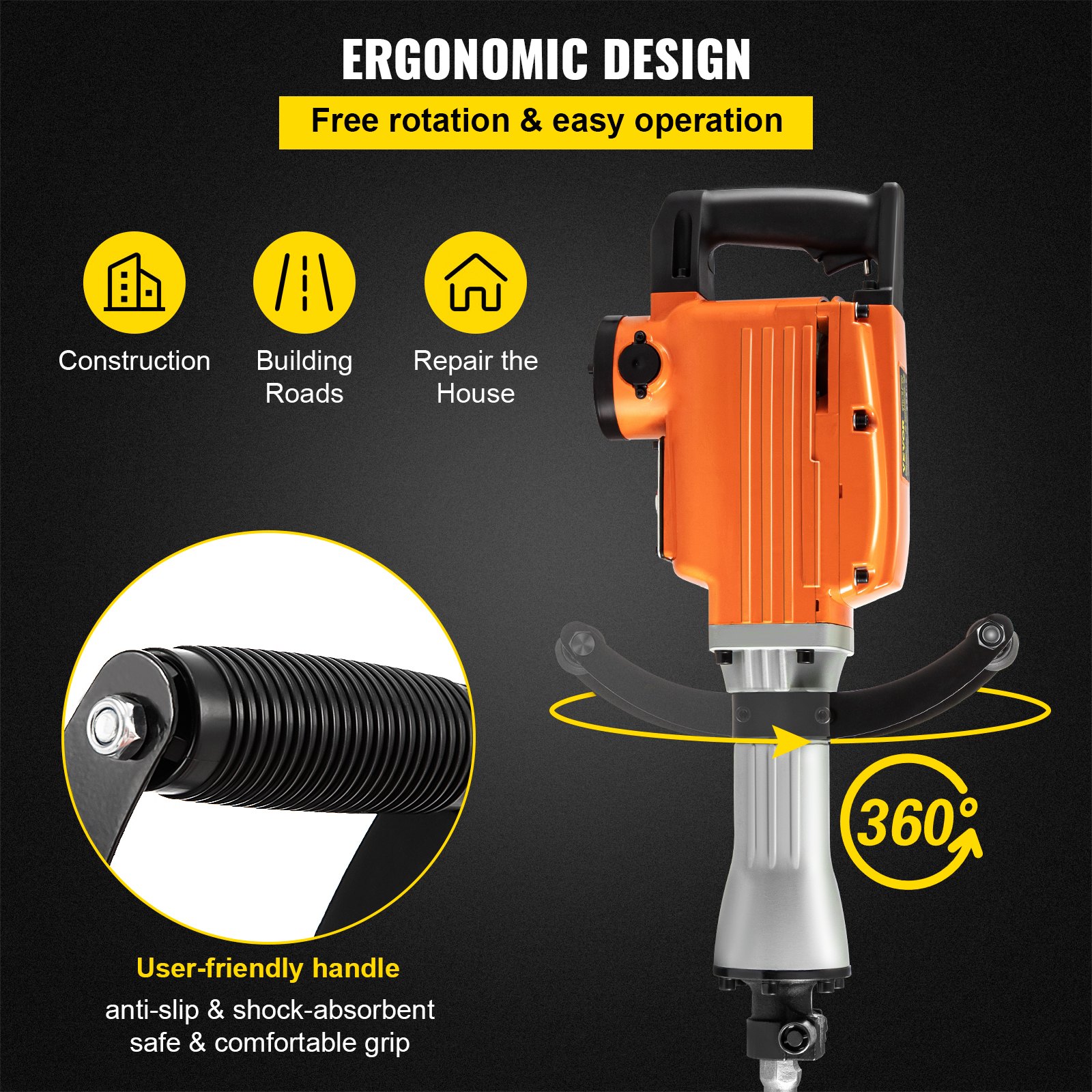 VEVOR Demolition Jack Hammer, 2600W 1800BPM, 1-1/8" Hex Heavy Duty Concrete Breaker with 4 Chisels, Case and Gloves, 220V Industrial Electric Jackhammer for Demolishing, Chipping & Demo, CE Approved