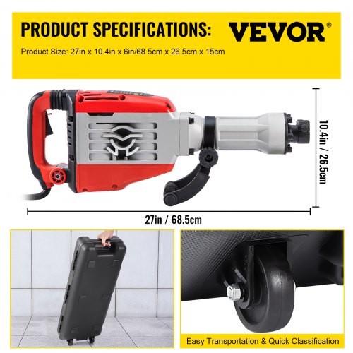 VEVOR Demolition Jack Hammer, 3800W 1800BPM, 1-1/8" Hex Heavy Duty Concrete Breaker w/Chisel, Case & Gloves, 110V Industrial Electric Jackhammer for Demolishing, Chipping & Demo, CE Approved, Red