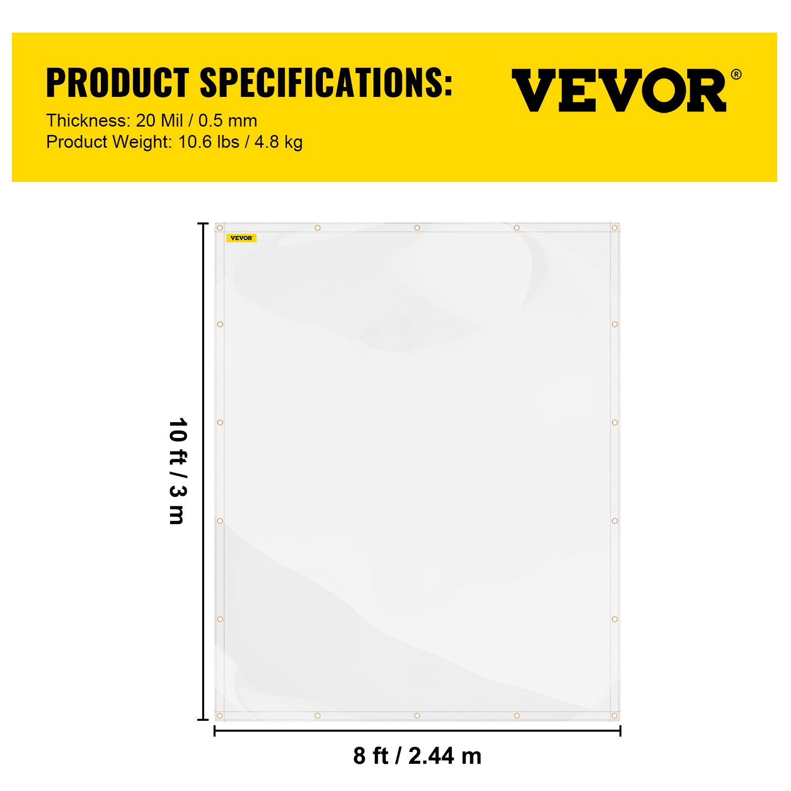 VEVOR Clear Vinyl Tarp, 8 x 10 ft 20 Mil Thick, Heavy-Duty Waterproof Patio Enclosure, Tear and Weather Proof Transparent PVC Tarpaulin, with Brass Grommets and Reinforced Edges for Outdoor Cover